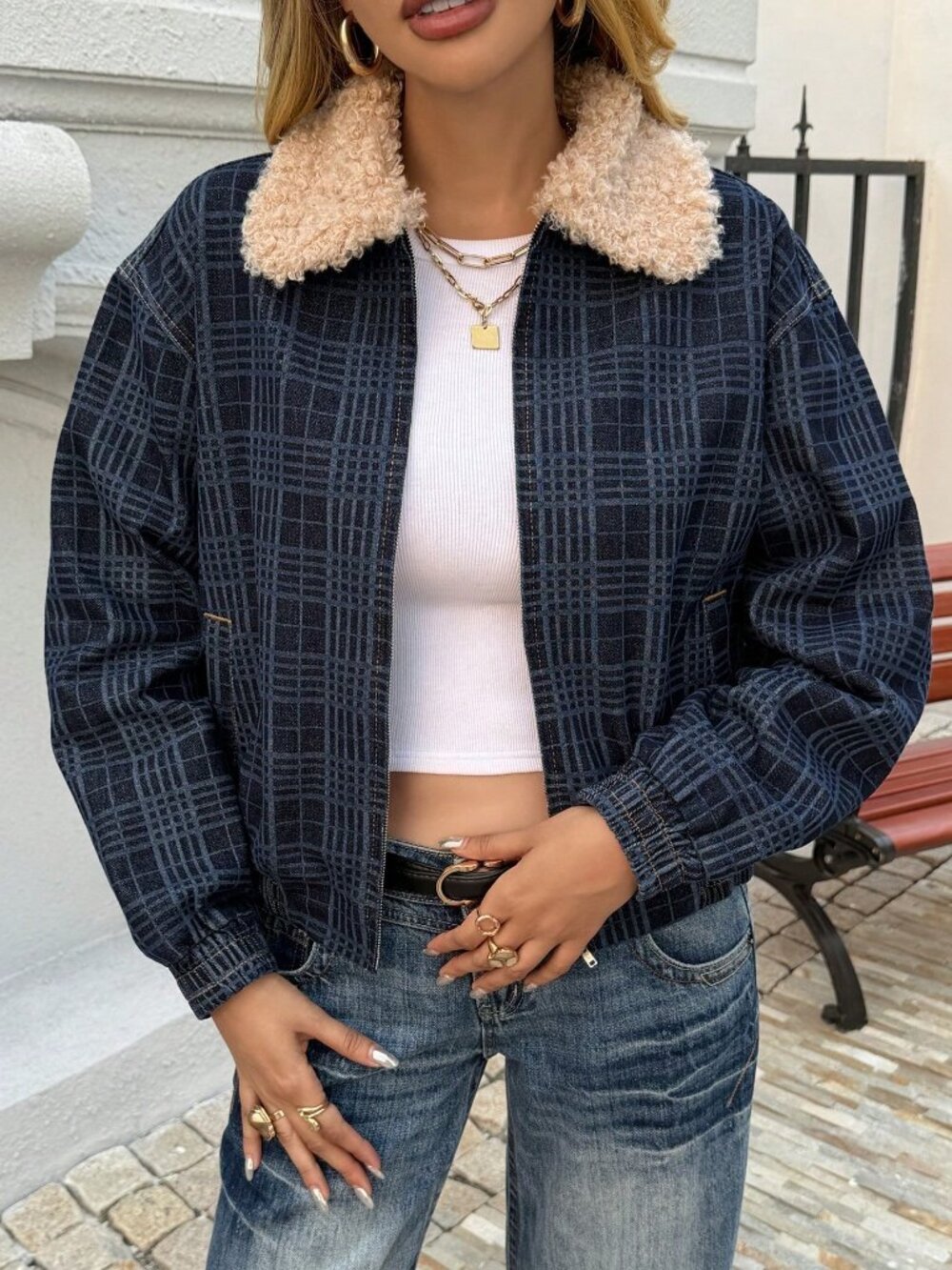 Dark Wash Casual Women's Furry Collar Loose Drop Shoulder Zipper Denim Jacket